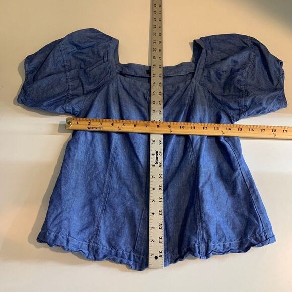 Ann Taylor Top Womens XS Chambray Linen Blend Puff Sleeve Button Front Cropped - Picture 7 of 12